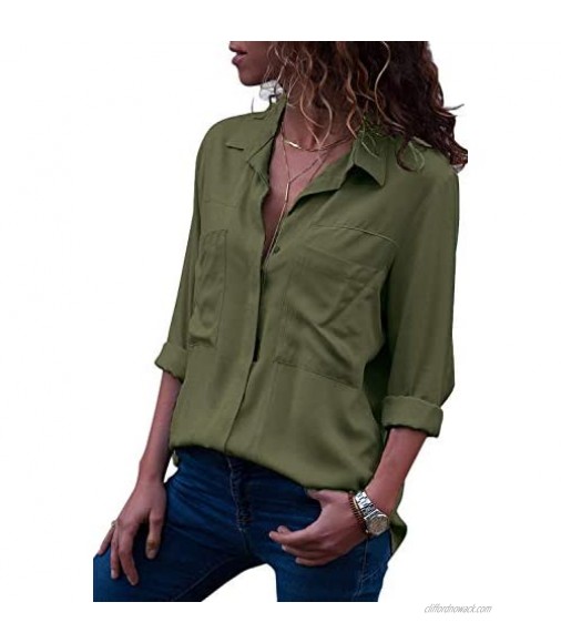 MISSLOOK Women’s Button Down Shirts Roll-up Sleeve Blouse V Neck Casual Tunics Solid Color Tops with Pockets