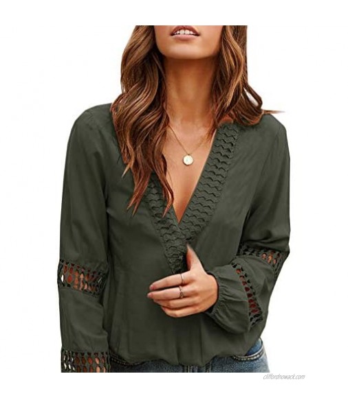 Ofenbuy Womens V Neck Lantern Long Sleeve Blouse Hollow Out Casual Summer Shirts Tops