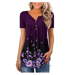 ONLYSHE Womens Casual Short Sleeve Shirts V Neck&U Neck Tops Button Up Tunic Floral Ruffle Blouse
