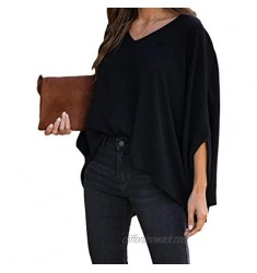 QUNNDY Women's Casual Sweet Cute V Neck Oversize Shirt Top Chiffon 3/4 Batwing Sleeve Loose Blouse