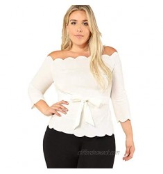 Romwe Women 's Plus Size 3/4 Sleeve Off The Shoulder Top Scalloped Peplum Blouse with Belte