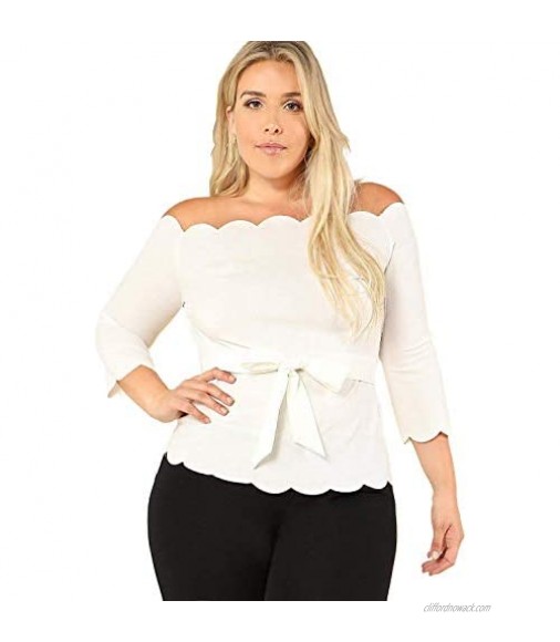Romwe Women 's Plus Size 3/4 Sleeve Off The Shoulder Top Scalloped Peplum Blouse with Belte