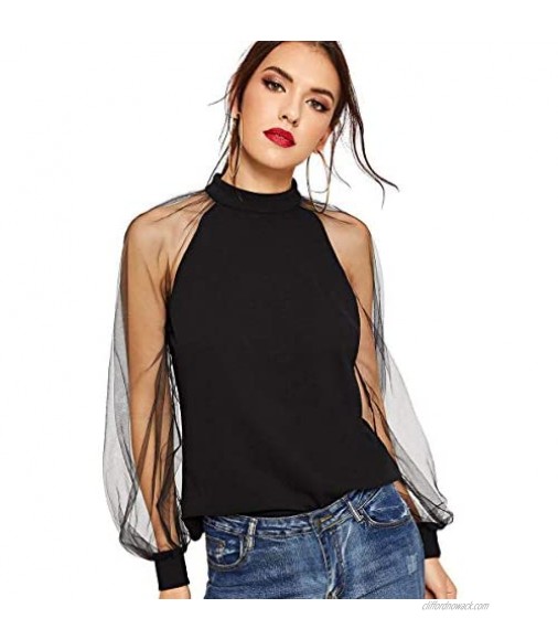Romwe Women's Mesh Sheer Long Sleeve Puff Solid Loose Party Blouse Tops