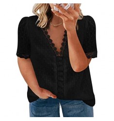 ROSKIKI Womens Plus Size Short Sleeve Lace Crochet Splicing Swiss Dot Tops Deep V-Neck Blouse Casual Shirt Tops
