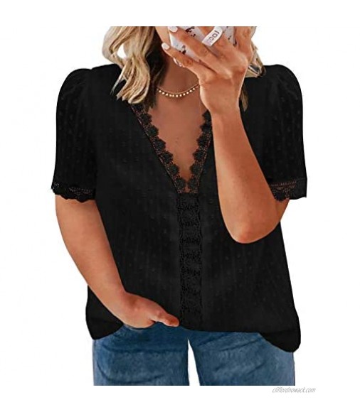 ROSKIKI Womens Plus Size Short Sleeve Lace Crochet Splicing Swiss Dot Tops Deep V-Neck Blouse Casual Shirt Tops