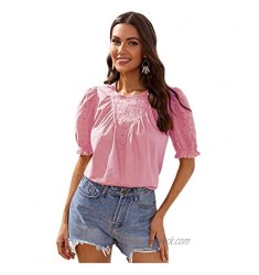 SheIn Women's Eyelet Embroidered Round Neck Blouse Puff Short Sleeve Frill Tee Tops