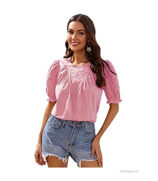 SheIn Women's Eyelet Embroidered Round Neck Blouse Puff Short Sleeve Frill Tee Tops
