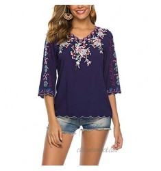 Summer V Neck Boho Embroidery Mexican Peasant Bohemian Casual Tops Floral Embroider Shirt Tunic Loose Blouses