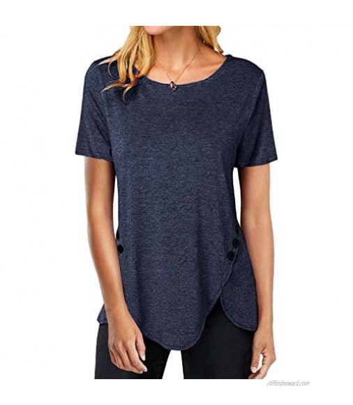 Women Loose Casual Round Neck T-Shirts Tops Short Sleeves Solid Color Asymmetric Hem Button Blouses
