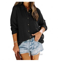 Womens Button Down Work Shirts Fall Long Sleeve Slub Cotton Casual Collared Business Blouse Tops