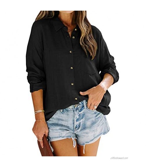 Womens Button Down Work Shirts Fall Long Sleeve Slub Cotton Casual Collared Business Blouse Tops