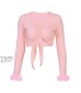 Women's Sexy Long Sleeve Tie Up Crop Top Feather Trim Deep V Neck Basic Tight Shirt Faux Fur Blouse