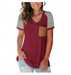 Womens Summer Basic Short Sleeve V Neck Color Block Casual Tops T Shirts with Pocket