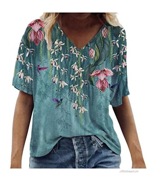 Womens Summer Tops Women's Crew Neck Tees Casual V Neck Tops Cute Printed Loose Blouses Short Sleeve Tunic Shirts
