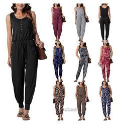 Fankle Women’s Casual O-Neck Sleeveless Romper Elastic Waist Stretchy Loose Jumpsuit Comfy Long Pants with Pockets Overalls