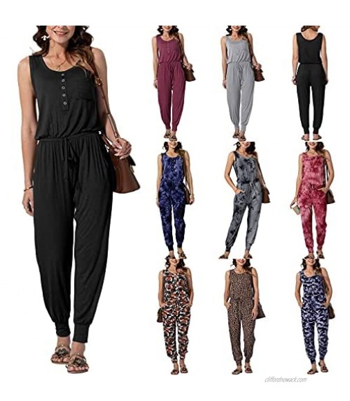 Fankle Women’s Casual O-Neck Sleeveless Romper Elastic Waist Stretchy Loose Jumpsuit Comfy Long Pants with Pockets Overalls