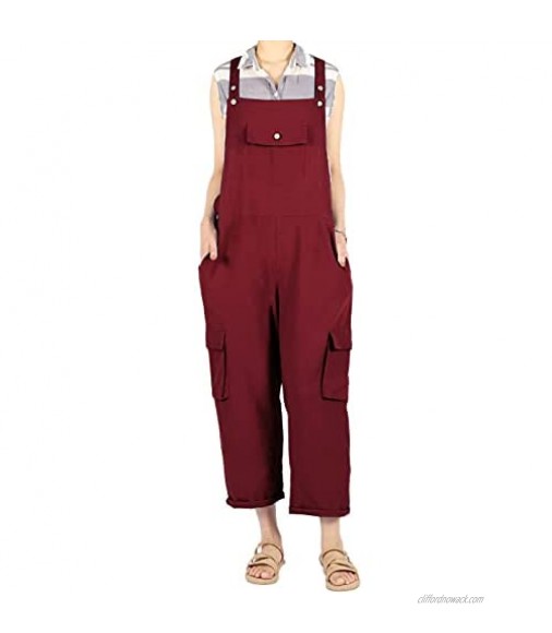 Himosyber Women's Solid Button Adjustable Bib Overalls Rompers with Cargo Pockets（WineRed-XL）