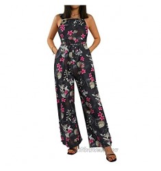 Women Boho Overalls Summer Retro Floral Loose Suspender Trousers Jumpsuits Wide Leg Pants Romper with Pockets