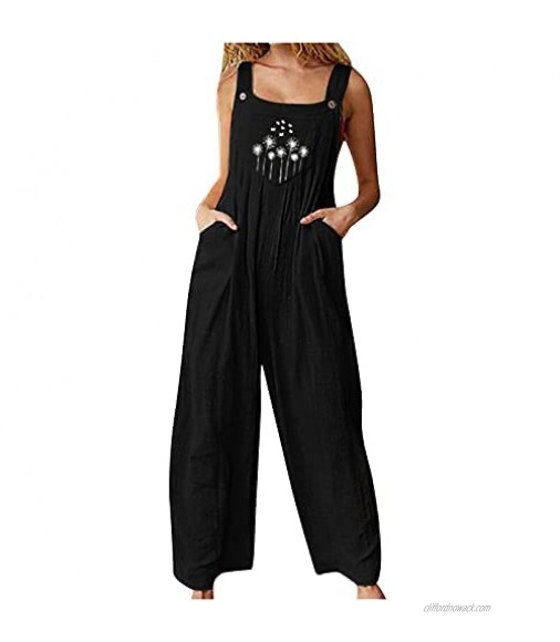 Womens Casual Fashion Summer Ethnic Style Solid Buttons Pocket Suspender Loose Jumpsuit Overalls Trousers Romper Pants