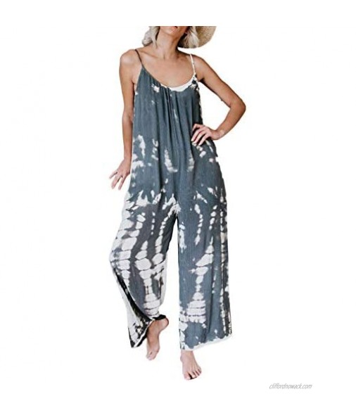 Yeokou Women's Casual Baggy Tie Dye Spaghetti Strap Jumpsuits Overall Rompers