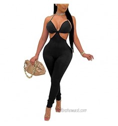 AZHONG Women's Sexy Halter One Piece Outfits Backless Cut Out Skinny Long Pants Jumpsuits Rompers Clubwear