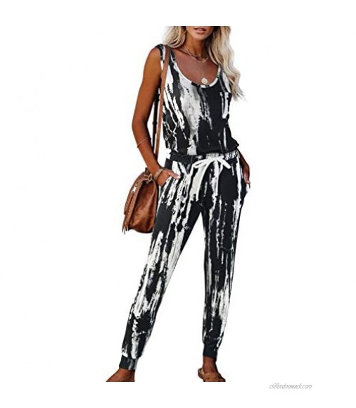 Beiranduo Women's Sleeveless Tie Dye Jumpsuits Casual Loose Summer Tank Jumpsuit Beam Foot Casual Rompers with Pockets