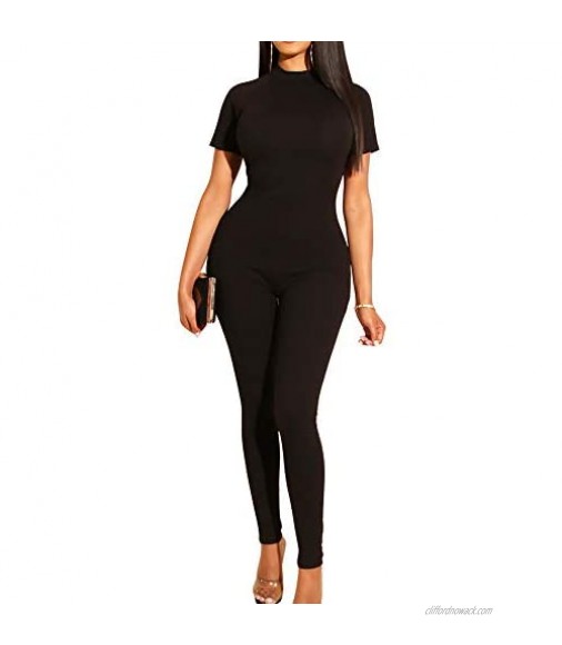 GOBLES Women's Short Sleeve Elegant Rompers Bodycon Casual Long Jumpsuits