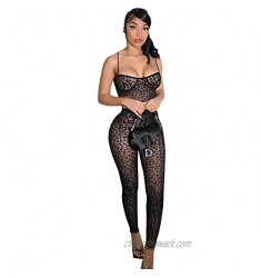 GUISBY Mesh Bodycon Jumpsuits for Women Sexy Spaghetti Strap See Through Leopard Print Jumpsuit