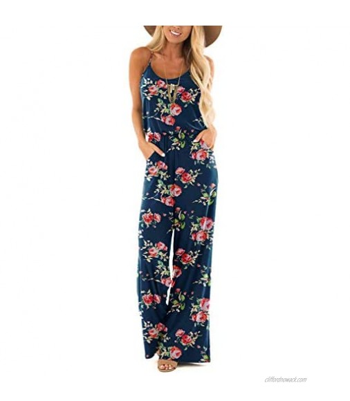 LACOZY Womens Casual Loose Sexy Elegant Jumpsuits V Neck Sleeveless Wide Leg Pants Jumpsuit Rompers Navy Blue Floral Medium