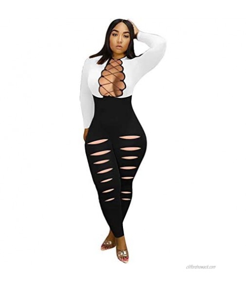 PinkPatty Women's Spring Sexy Hollowed Out See-Through Jumpsuits Skinny O Neck Rompers Regular Clubwear