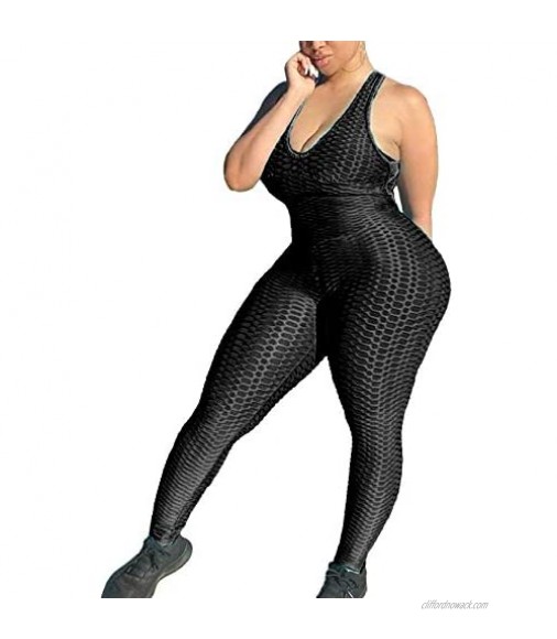 RIOJOY Womens Sexy Backless Jumpsuit Ruched Butt Lift Yoga Playsuit Gym Workout Romper Gym Texture Bodysuits