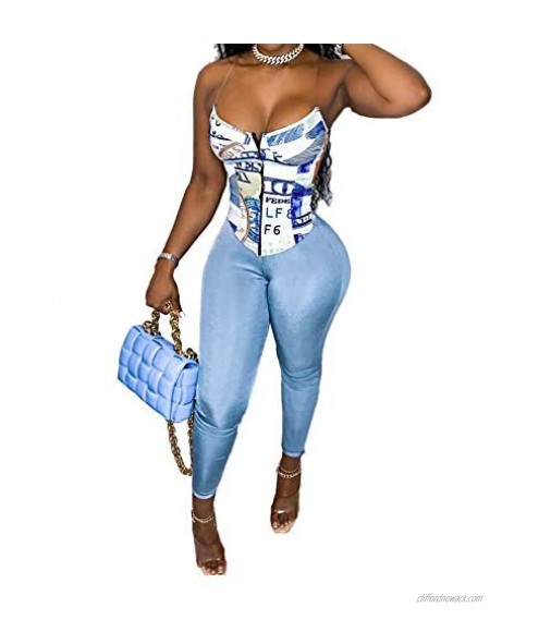 Sexy Two Piece Outfits for Women Summer - Spaghetti Straps Printed Zip Up Tops with Bodycon Skinny Long Pants Set