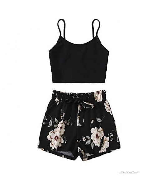 SweatyRocks Women's Two Piece Outfits Boho Floral Print Spaghetti Strap Cami Crop Top with Shorts Set