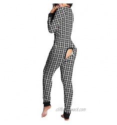 vaflower Women Sexy Butt Button Back Flap Jumpsuit Pajamas Onesies V-Neck Long Sleeve Bodysuit Rompers
