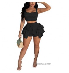 Women Sexy 2 Piece Outfits Sleeveless Spoon Neck Ruched Crop Tops Bodycon High Waist Drawstring Ruffle Shorts Sets Club Wear