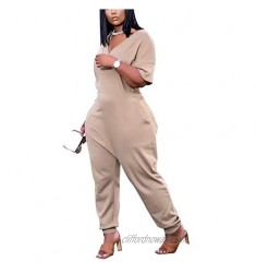 Womens Short Sleeve V Neck Casual Loose High Waist Jumpsuits Romper with Pockets