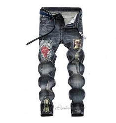 Chowsir Men Vintage Skinny Moto Biker Jeans Stretch Ripped Patch Jeans Straight Denim Pants