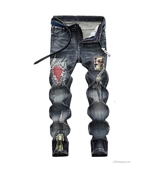 Chowsir Men Vintage Skinny Moto Biker Jeans Stretch Ripped Patch Jeans Straight Denim Pants