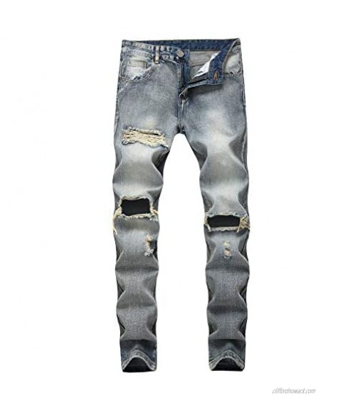 Sarriben Men's Retro Washed Style Loose Stretch Distressed Jeans with Broken Holes