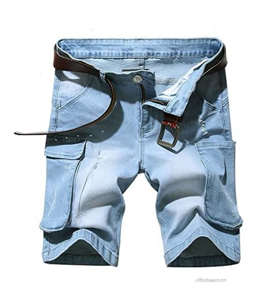 LONGBIDA Men's Summer Casual Denim Shorts Destroyed Distressed Jeans Ripped Pants Stretch Cargo Shorts