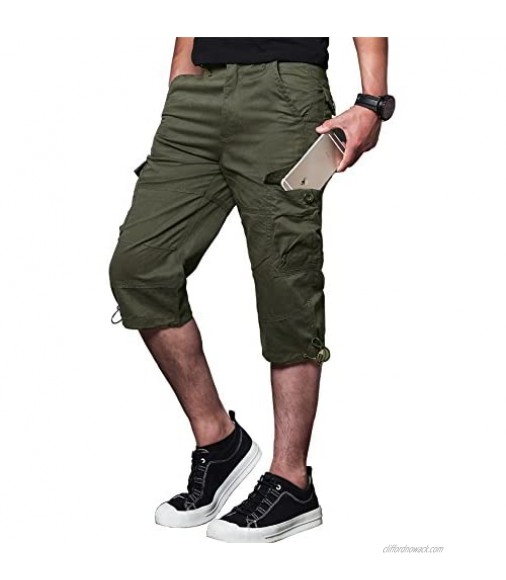 MAKEIIT Men's Classic-Fit 7-Pockets Cargo Short Cotton Pants with Adjustable Drawstring Workout Shorts