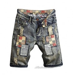 Men's Casual Distressed Retro Plus Size Denim Shorts American Flag Print Zipper Loose Hole High Street Pants Jeans
