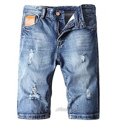 Men's Slim Fit Ripped Denim Short Fashion Straight Washed Holes Jeans Shorts Summer Casual Cotton Stretch Jean Shorts (Light Blue 32)