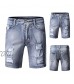 Men's Stretchy Loose Fit Ripped Denim Destroyed Mid Rise Bermuda Jean Short