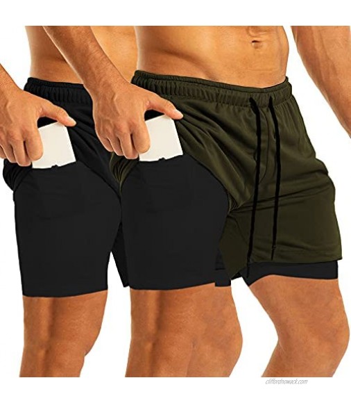 COOFANDY Men's 2 Pack Running Shorts 2 in 1 Gym Workout Shorts Quick Dry Athletic Training Sport Shorts with Phone Pockets