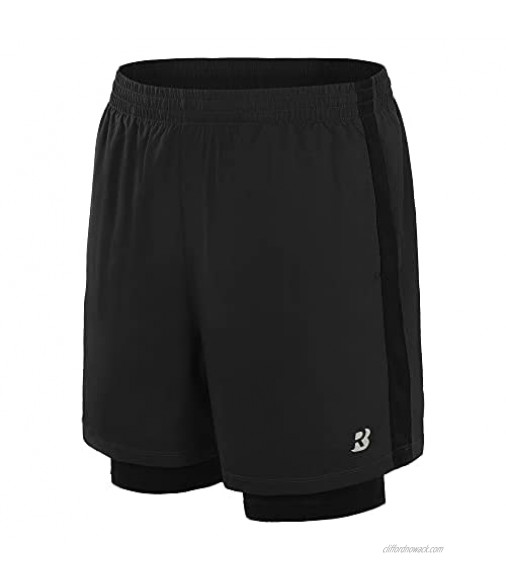Roadbox 2 in 1 Running Shorts for Men Quick Dry Breathable Workout Gym Athletic Shorts Back Zipper Pocket (L) Black