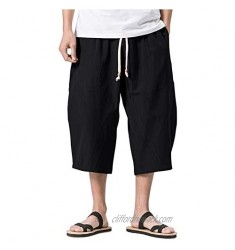 CRYSULLY Men's Baggy Linen 3/4 Pants Elastic Waist Drawstring Harem Shorts