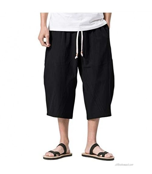 CRYSULLY Men's Baggy Linen 3/4 Pants Elastic Waist Drawstring Harem Shorts