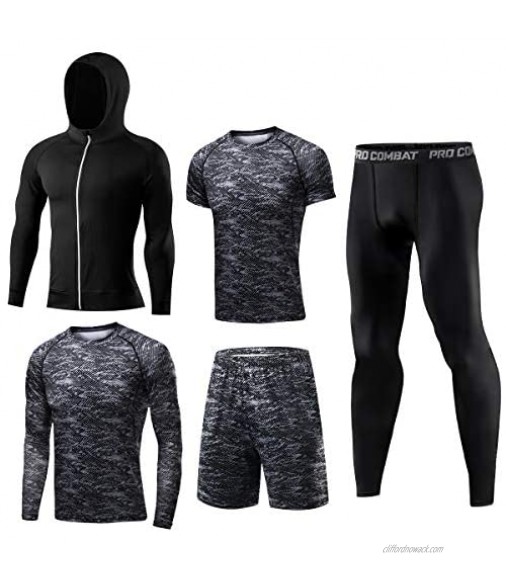 WELLGEAR Men's Gym Running Fitness Kit Compression Shirts for Men Pants Shirt Top Long Sleeve Jacket Set 5 PCS - Workout