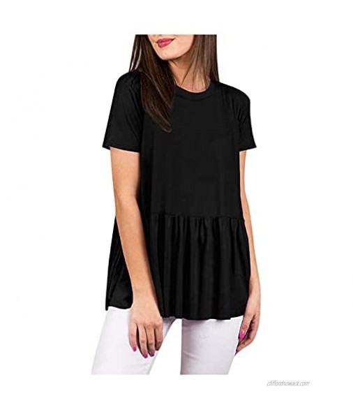 2021 Summer Shirts for Women Short Sleeve o-Neck Casual top Solid Color t-Shirts Pleated Blouses Tunic tee
